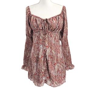 Luxxel Womens Size Medium Peasant Mini Dress Paisley Printed Smocked Sleeves